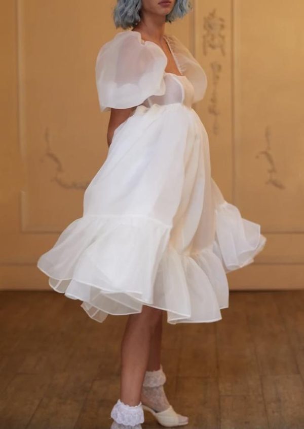 Women White Gauzy off-the-Shoulder Puff Sleeve Dress Princess Dress