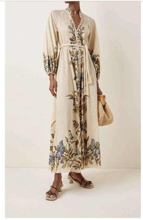 Women  Clothing Printed Button Lace-Up Waist-Controlled Long Sleeves Dress Maxi Dress