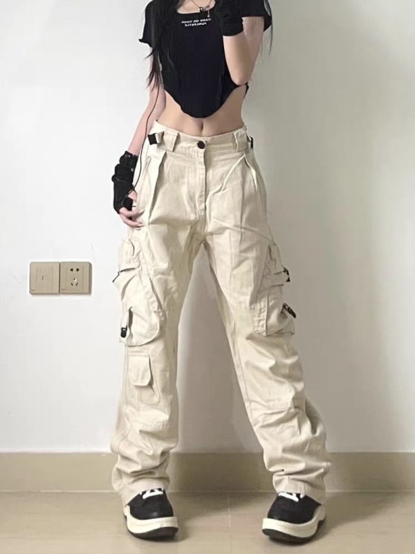 American Big Pocket Cargo Pants Women High Street Retro Hip Hop Straight Pants