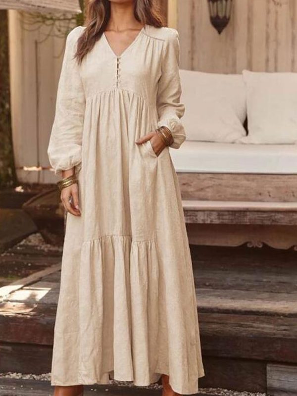 Autumn Cotton Long Dress Women Retro Solid Color Maxi Dress