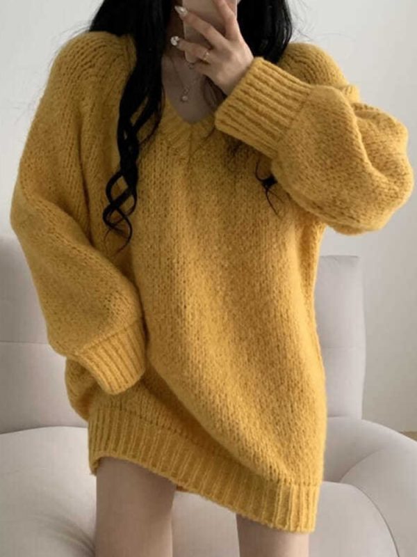 Autumn Winter Knitted Sweaters Women Oversized Simple Loose V-neck Pullovers