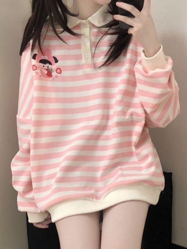 Kawaii Pink Striped Sweatshirt Woman Japanese Cute Cartoon Print