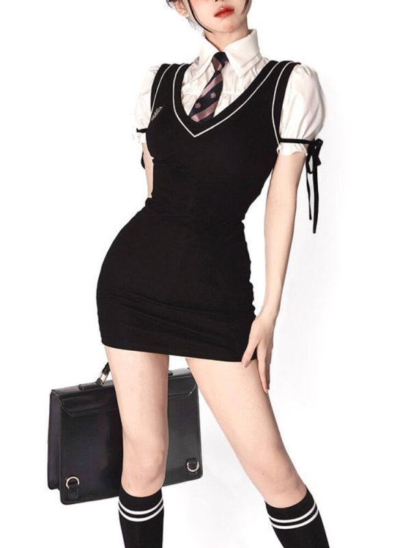 Preppy Style Vest Dress Women Two Piece Set Cute Sexy Korean Puff Sleeve Shirt Black Slim Mini Dress