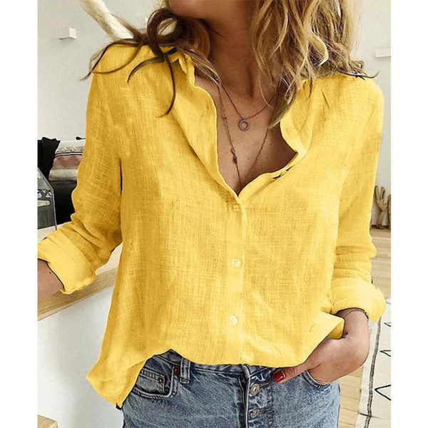 Women Leisure White Yellow Shirts Button Lapel Cardigan Top Lady Loose