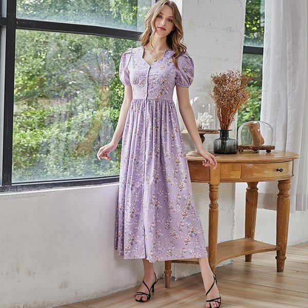 Women Clothing Square Collar Puff Sleeve High Waist Swing Dress Long Floral Dress