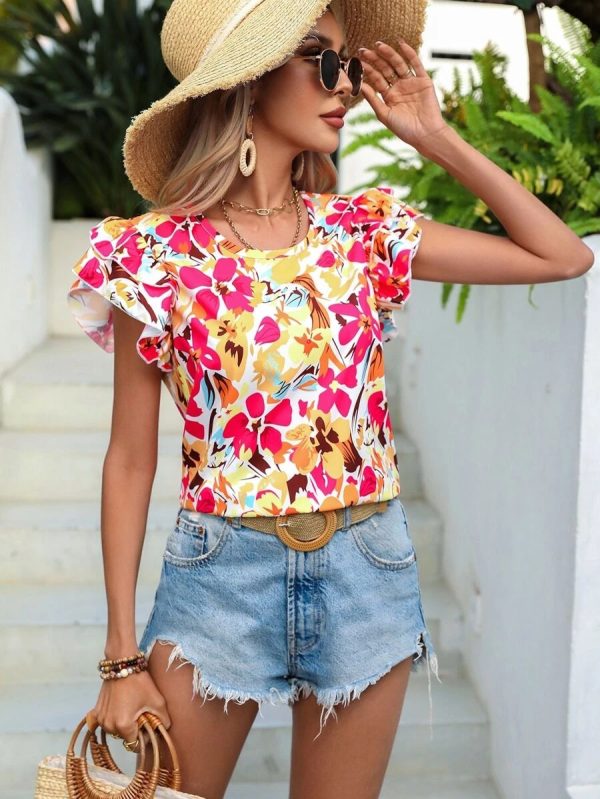 Women Clothing Summer Floral Print Double Layer Flying Short Sleeve Shirt Women