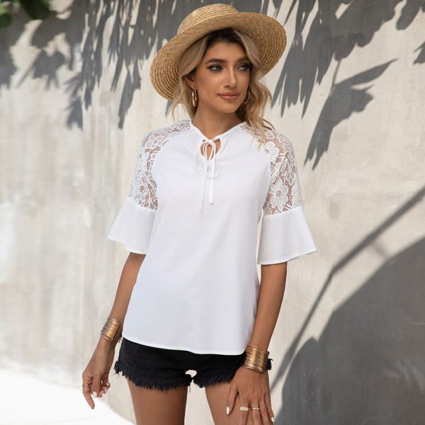 Summer Women Clothing Lace Short-Sleeved T Shirt Women Loose Round Neck Solid Color Pullover Shirt Top Women