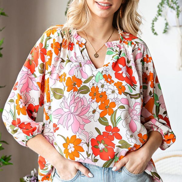 Printed Lantern Sleeve Chiffon Shirt Women Spring Loose Ninth Sleeve Pullover Women