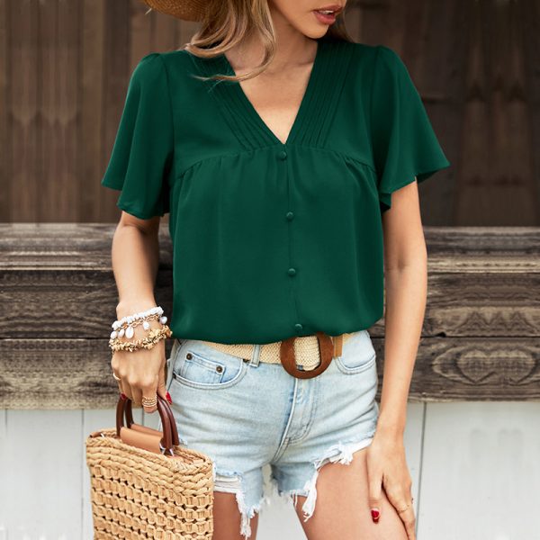 Summer Women Wear Solid Color Pleated Shirt Women