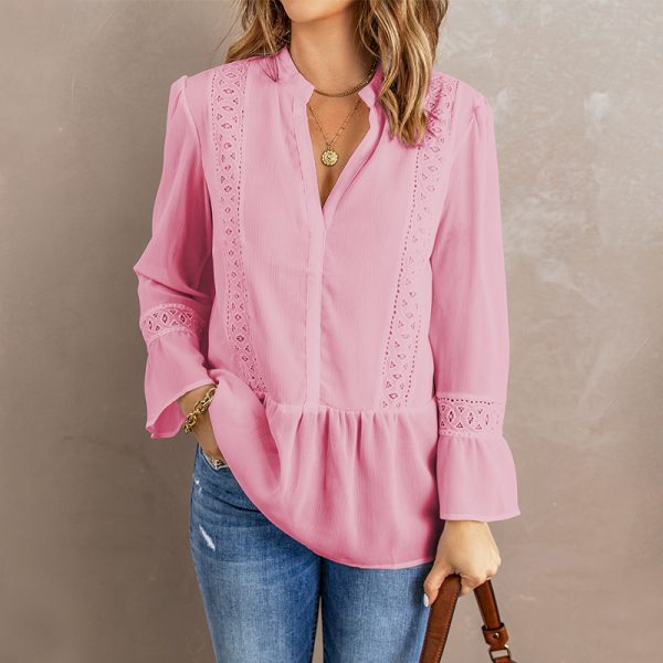 Spring Solid Color V-neck Chiffon Shirt Women Long Sleeve Loose Lace Shirt