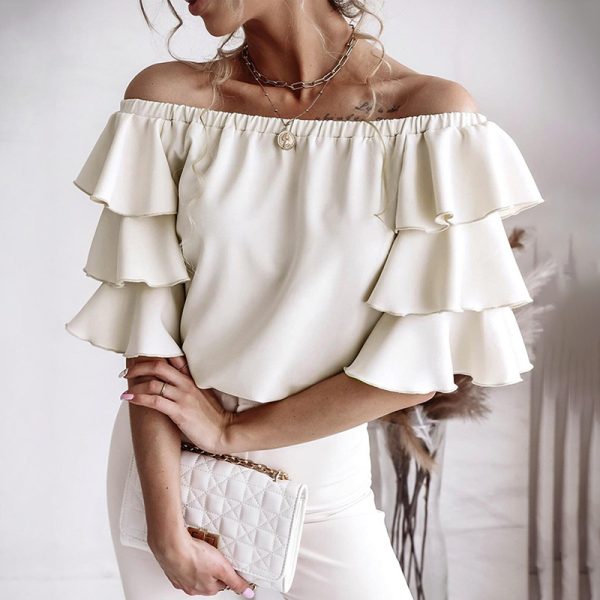 Solid Color Lotus Leaf Sleeve Chiffon Pullovers Women Summer off Shoulder Simple Elegant Chiffon Shirt Women