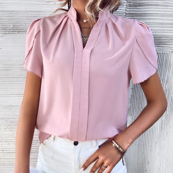 Women Clothing Spring Summer All Match Casual Loose Short Sleeves Solid Color Shirt