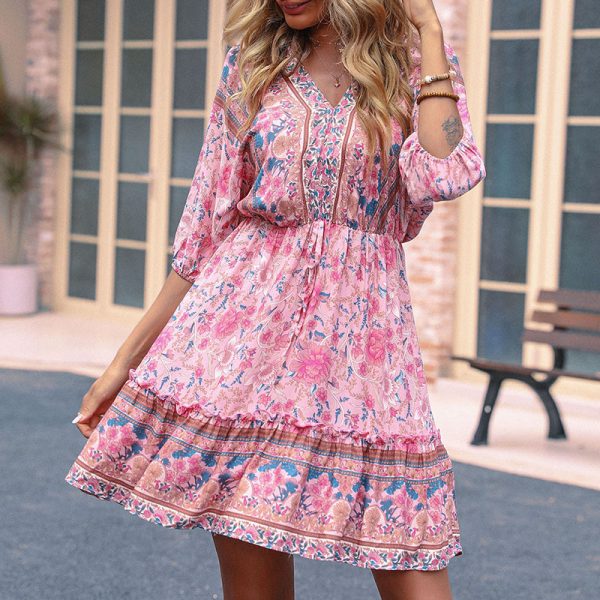 Summer Women Clothing Vintage Print Loose Pink Dress