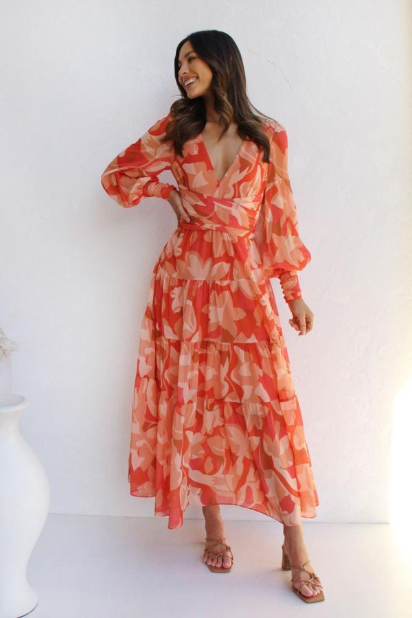 Autumn Winter Casual Printed Long Sleeve V Neck Swing Dress Maxi Dress