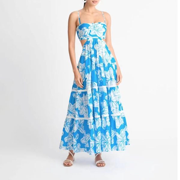 French Printed Cami Dress Spring Summer Sleeveless Cropped Outfit Backless Slimming Dress Maxi Dress Beach Dress