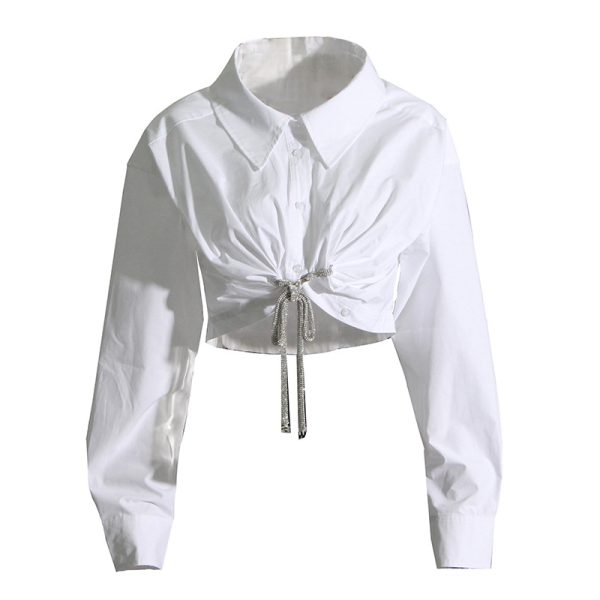 Full Personality Diamond Bow Lightly Mature Top High Waist Slimming Short Shirt Women