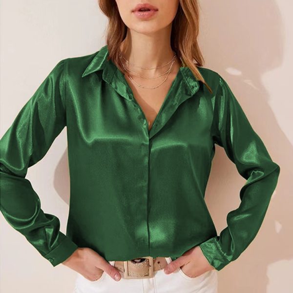 Women Clothing Spring Summer Top Satin Office Solid Color Dark Placket Long Sleeve Shirt  Women