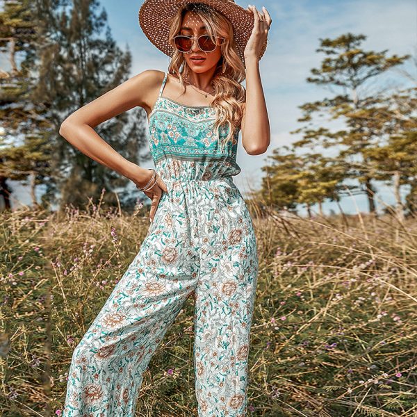 Bohemian Spring Spaghetti Strap Floral Print Floral Casual Loose Waist Sexy Jumpsuit Women estampado floral