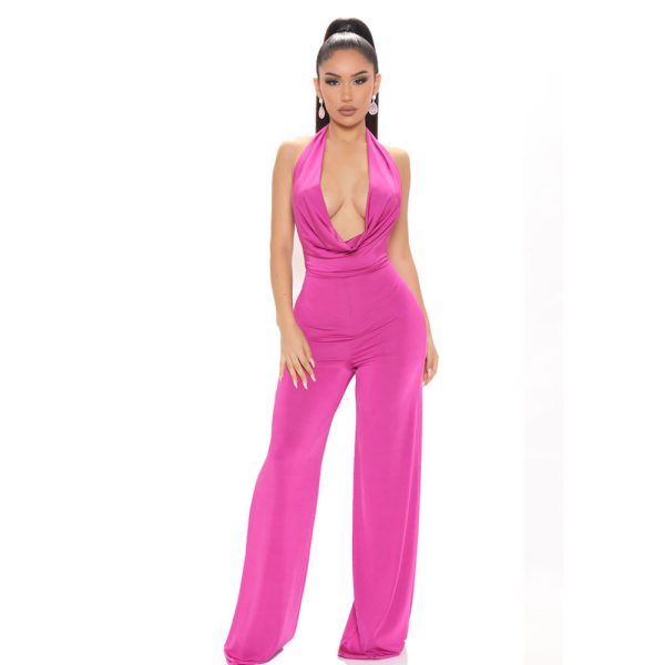 Summer Sexy Women Clothing Deep V Plunge Halter Backless Waist Wide Leg Jumpsuit