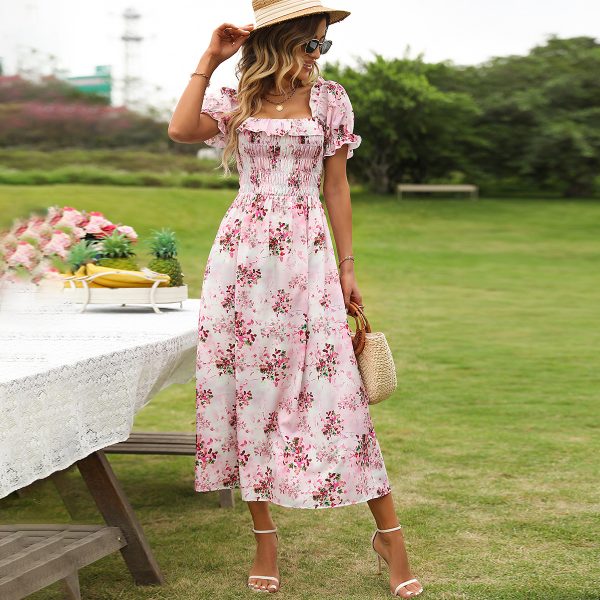 Women Clothes Summer Retro Square Collar Floral French Mid Length Dress