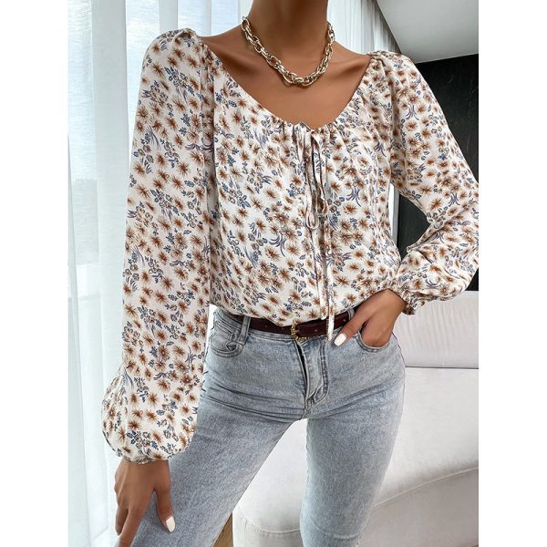 Spring Autumn V neck Printed Long Sleeved Top Women