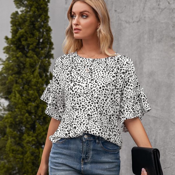 Women Clothing Sexy Leopard Print round Neck Short Sleeve Top Women