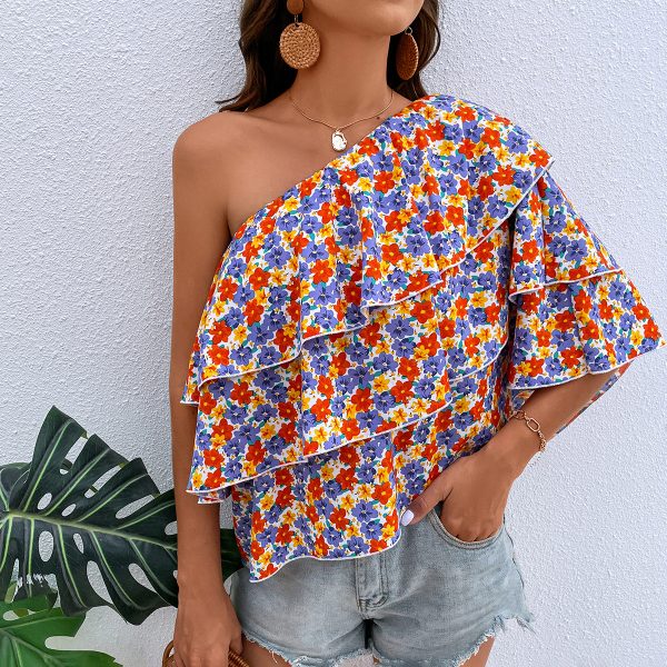 Summer Floral Oblique Shoulder Ruffles Cute Top for Women