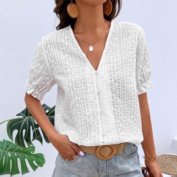 Popular White Summer V neck Lantern Sleeve Special Top Women