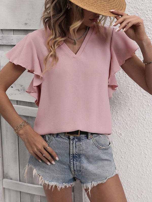 Women  V neck Ruffle Office Shirt Solid Color Short Sleeve Top