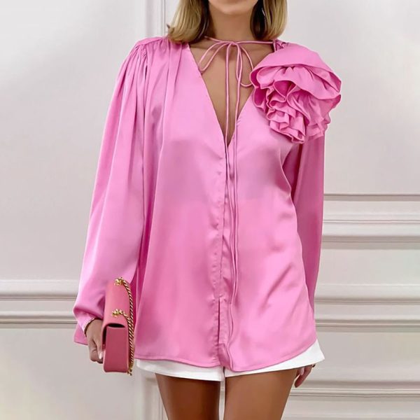 Spring Design Detachable Pink Bow Tie Shirt Women Mid Length Niche Long Sleeve Shirt Bandage Dress