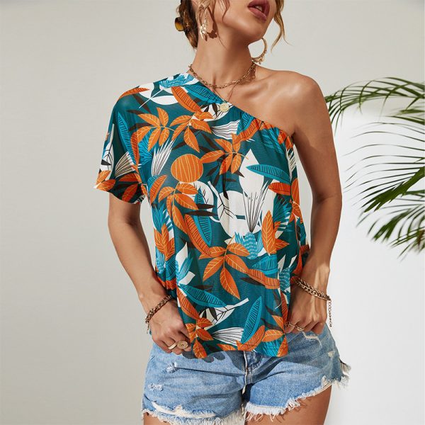 Summer Oblique Shoulder Dark Blue Printed Short Sleeved Blouse