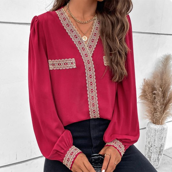 Women Clothing Red Stitching Lace Edge Long Sleeve V neck Shirt Women Top