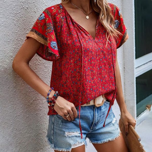 Summer Women Clothing Casual Loose V neck Ethnic Print Short Sleeve Shirt