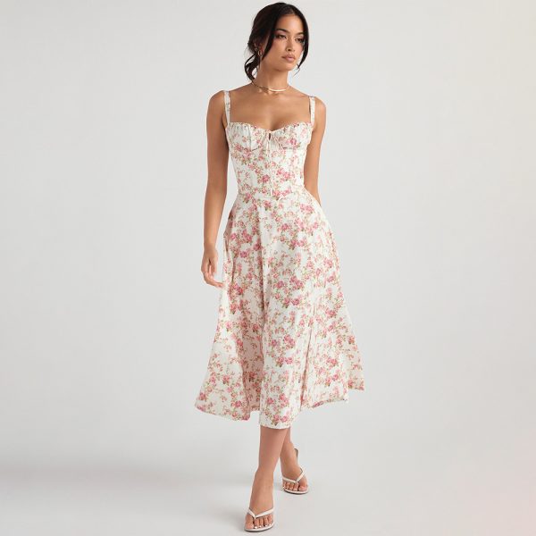 Summer Women Dress Slim Fit Slit Floral  Hollow Out Hollow Out Cutout Backless Strap Dress