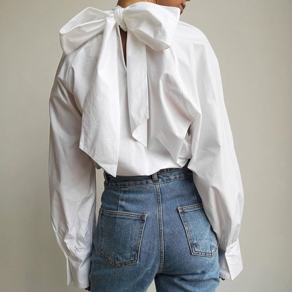 Fall Bowknot Shirt Women French Turtleneck Stand Collar Niche Women White Shirt Top