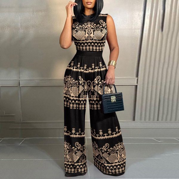 Spring Casual Trousers Slim Printed Sleeveless Women Jumpsuit