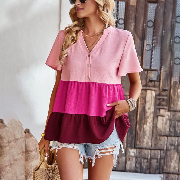 Contrast Color V neck Women Summer Loose Casual Short Sleeved Top