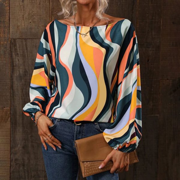 Spring Summer Women Clothing Painted Word off Shoulder Loose Lantern Long Sleeve Top Women