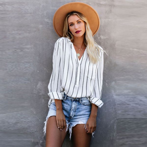 Autumn Women Striped Shirt Loose Single-Breasted Long Sleeve Top