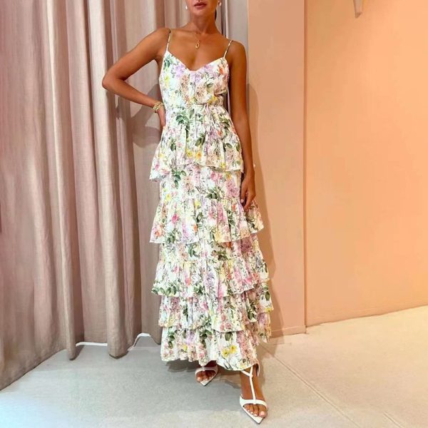 Spring Summer Long French Elegance Slimming Spaghetti Strap Floral Print Long Layered Tiered Dress