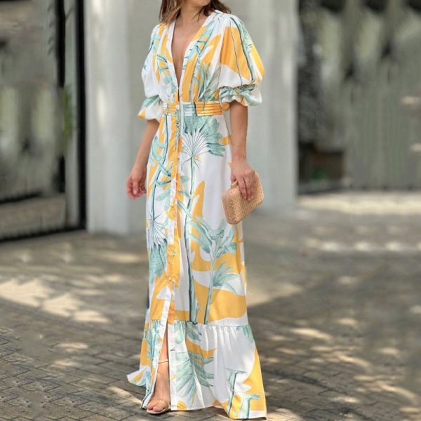 Women  Clothing V neck Puff Sleeve Waist Trimming Printing Maxi Dress