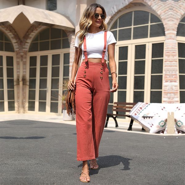 Summer Casual Women Wear Solid Color Loose Cotton Linen Straight Suspender Pants