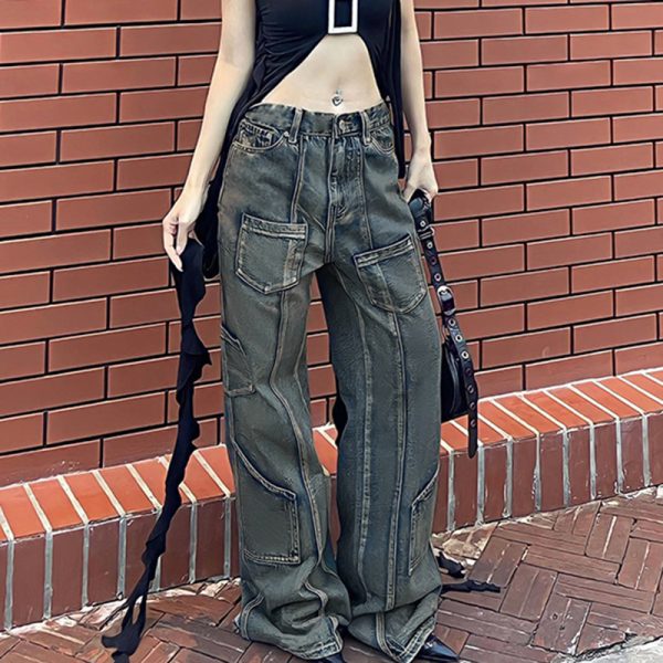 Distressed Multi Pocket Workwear Jeans Split Slimming Loose Drooping Low Waist Straight Leg Trousers