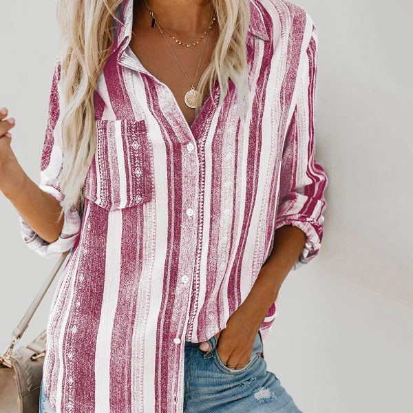 Autumn Striped Collared Long Sleeve Cardigan Single-Breasted Shirt Women