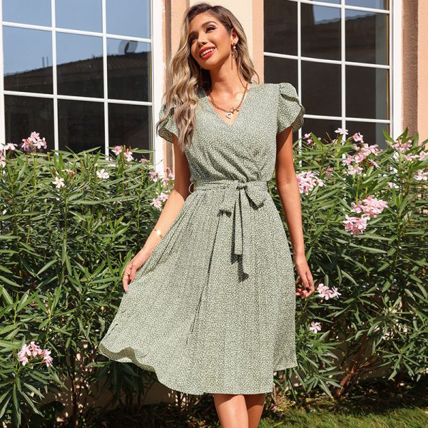 New Summer Printed Green Pleated V-neck Dress Vacation Boho Dress Ruffled Sleeve Dress