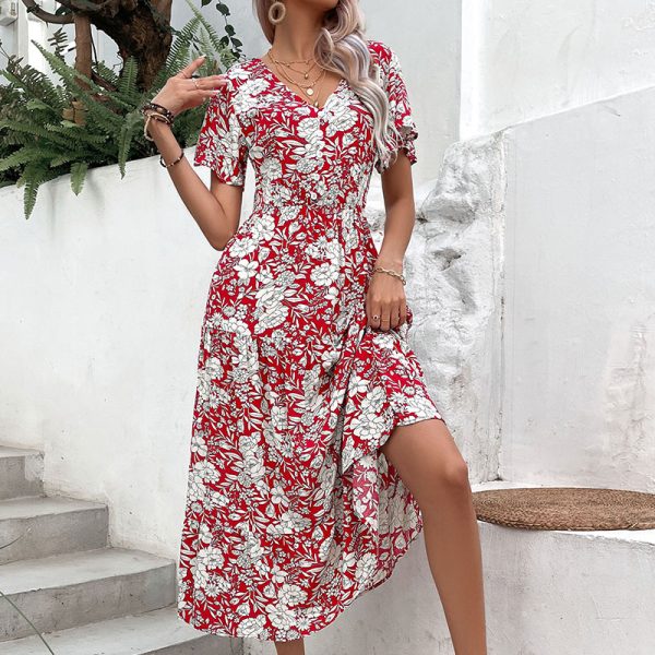 Summer Women Wear Red Printed Elegant Dress