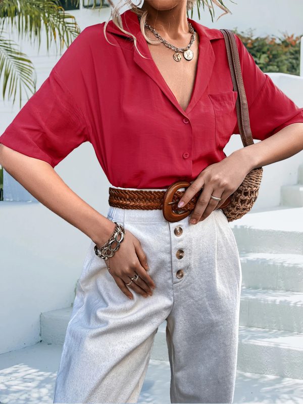 Spring Summer Vintage Suit Collar Short Sleeved Shirt Loose Top Women