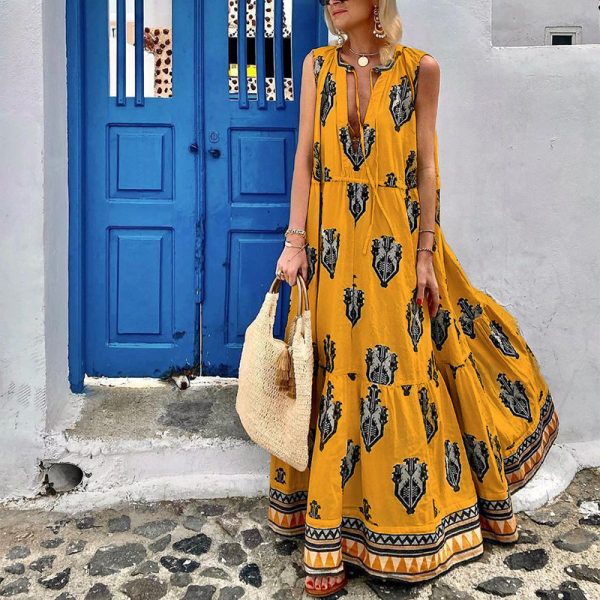 Women Clothing Summer Elegance Sleeveless Bohemian Printed Dress