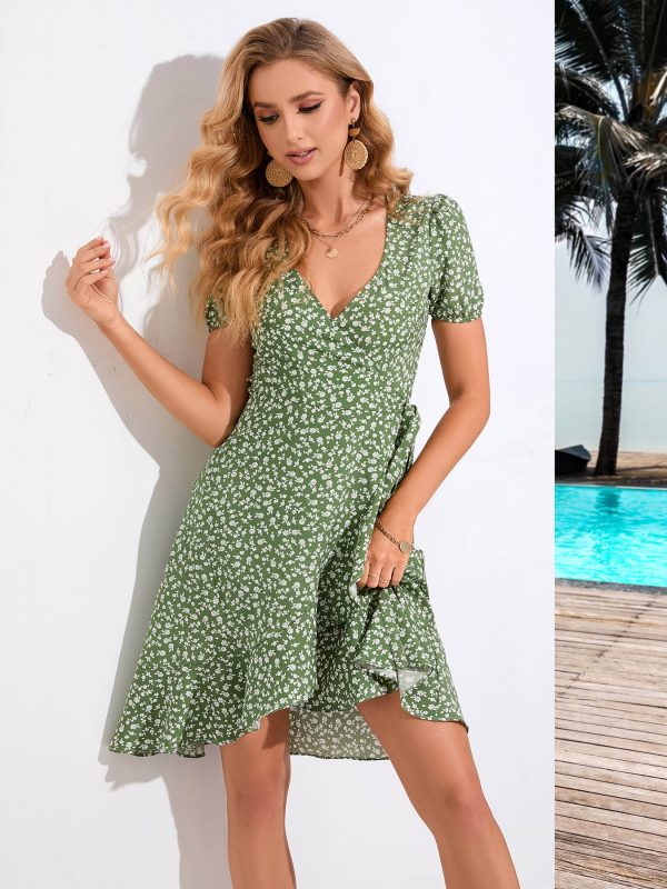 Floral V neck Short Sleeve Dress Wrapped Chest Strap Casual Bohemian Dress