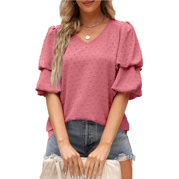 Women Clothing Spring Summer V neck Chiffon Bishop Sleeves Top Fur Ball Shirt